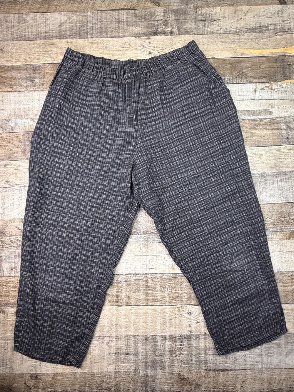 Flax Linen Womens M Cropped Casual Elastic Waist Gray Plaid Pants
